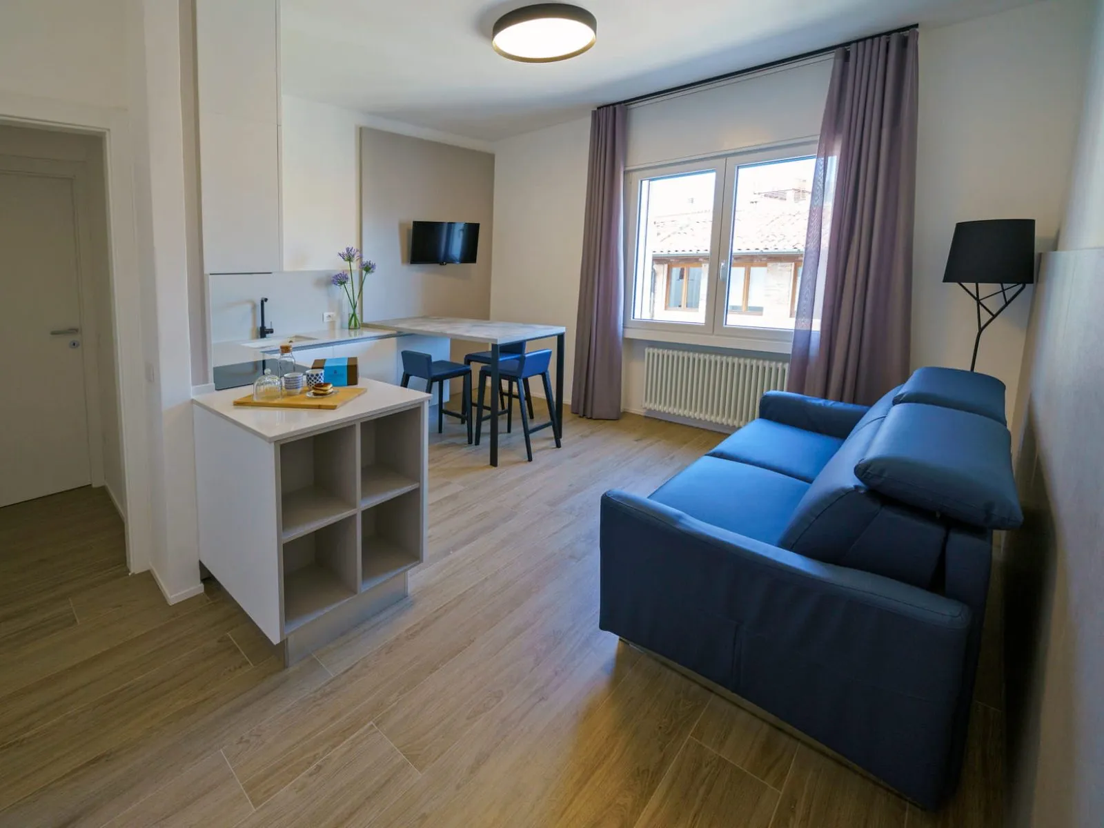 Living area with kitchen and sofa in the Royal two-area apartment at Ca' Fe Treviso